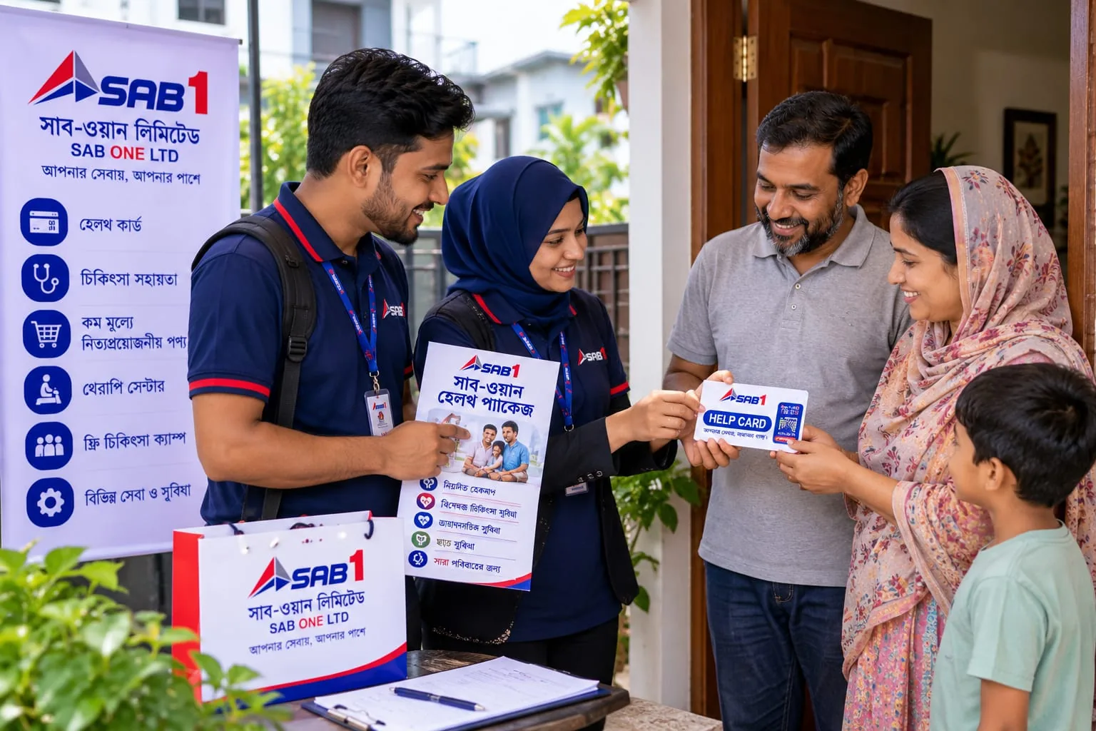 Two field officers presenting the HELP CARD to a family at the door of their home.