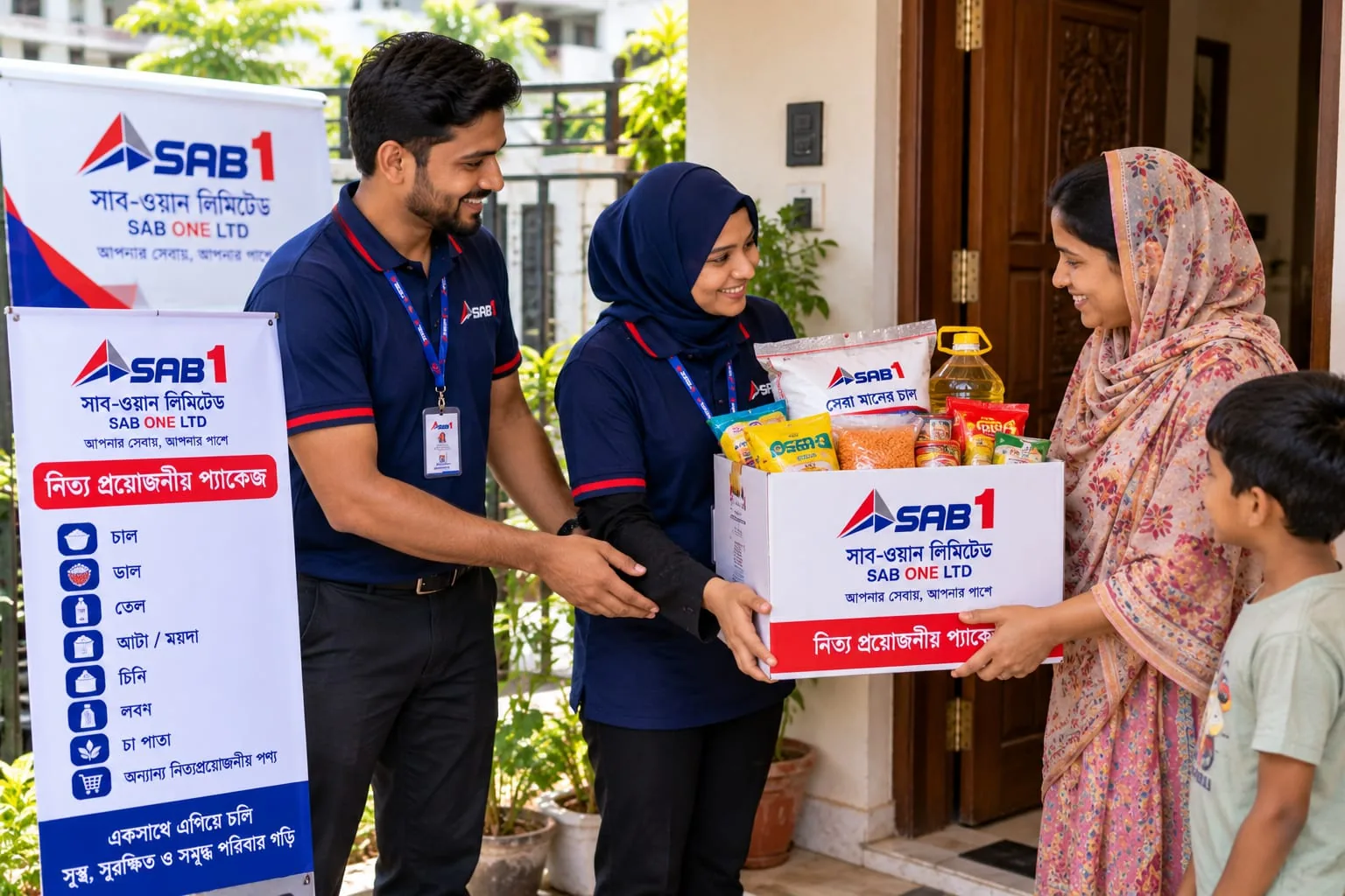 Field officers handing a box of daily essentials to a family at their home.