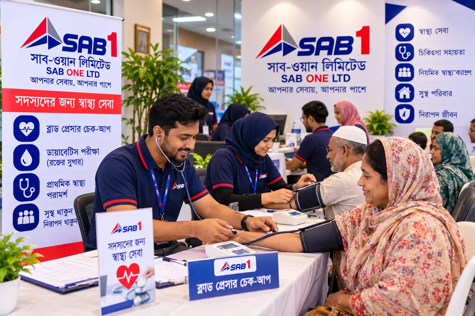 An officer taking a member’s blood pressure at a members’ health check-up.