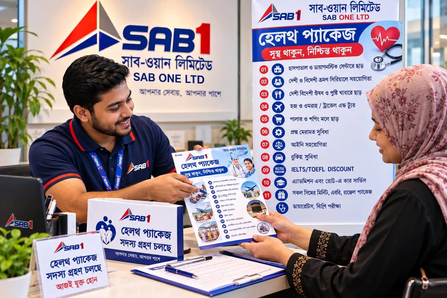 An officer explaining the health package leaflet to a member at the enrolment desk.