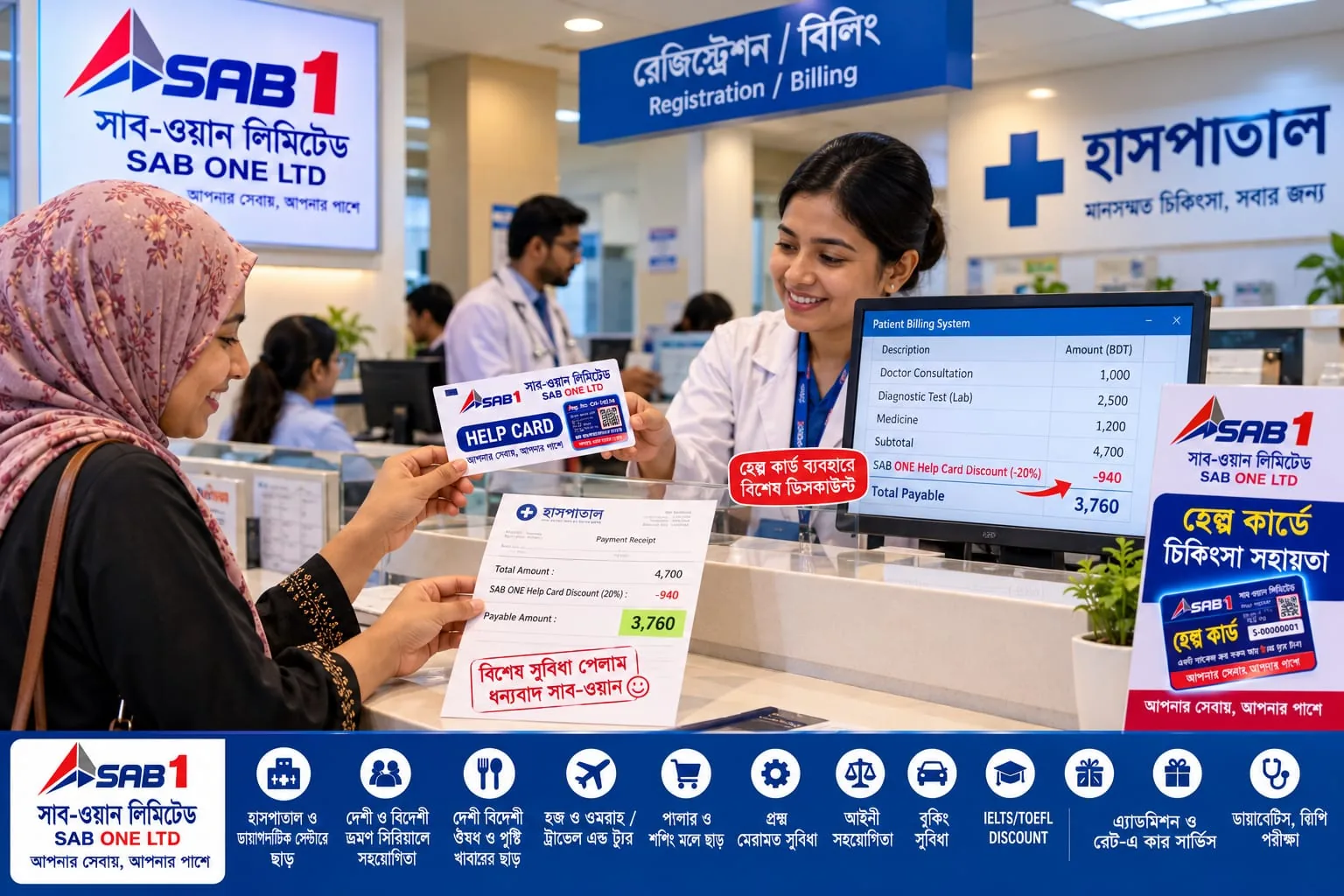 A hospital billing counter where the HELP CARD discount has been applied to the bill.