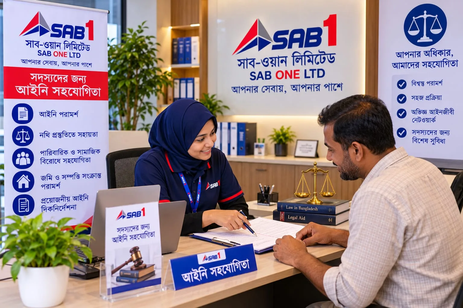 A legal adviser helping a member with paperwork at the legal support desk.