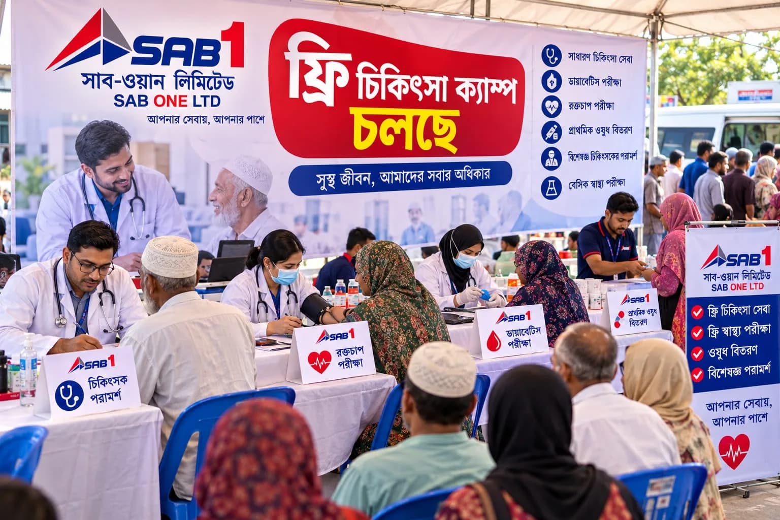 Doctors seeing patients at a free SAB ONE medical camp.