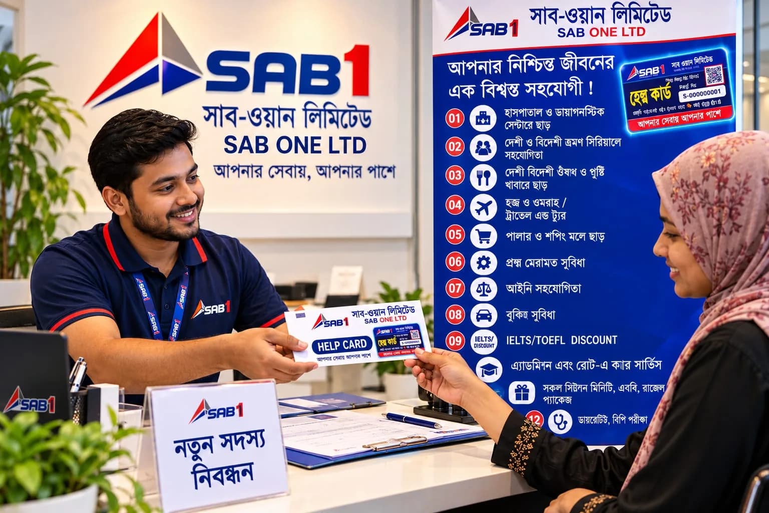 A member receiving her HELP CARD beside a board listing the twelve member benefits.