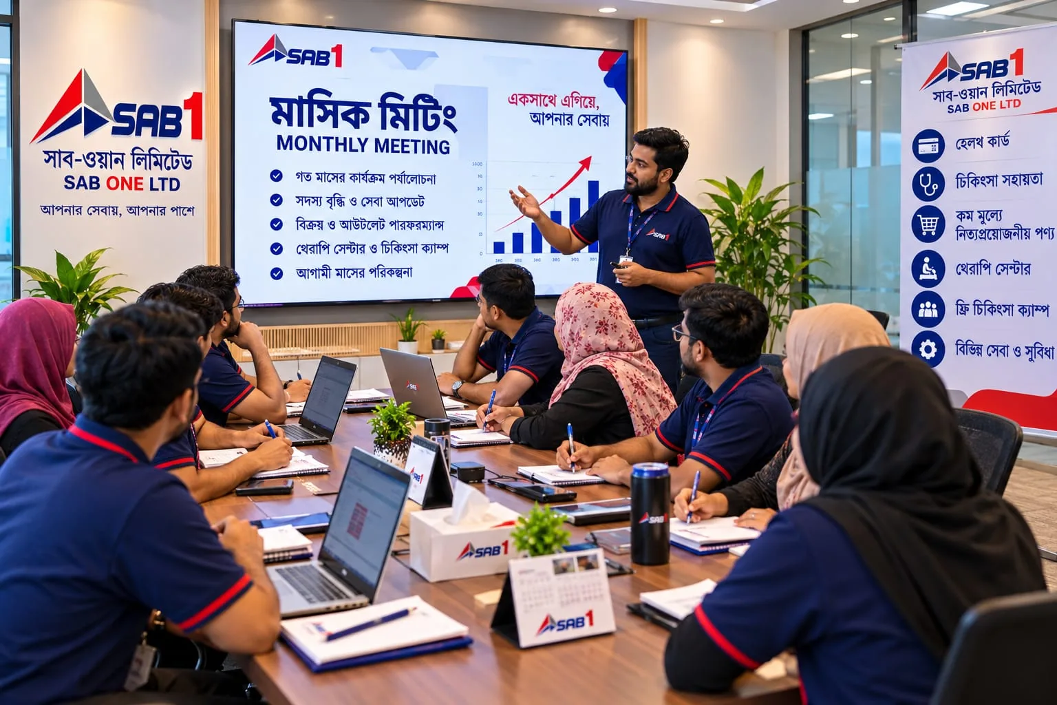The branch team reviewing the month’s work in a monthly meeting.
