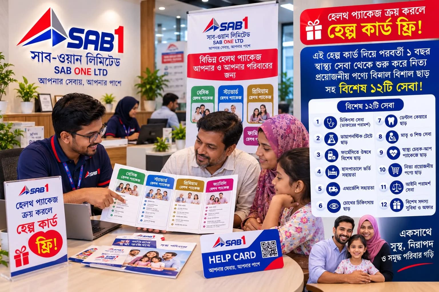 A SAB ONE officer walking a family through the health package options at a branch desk.