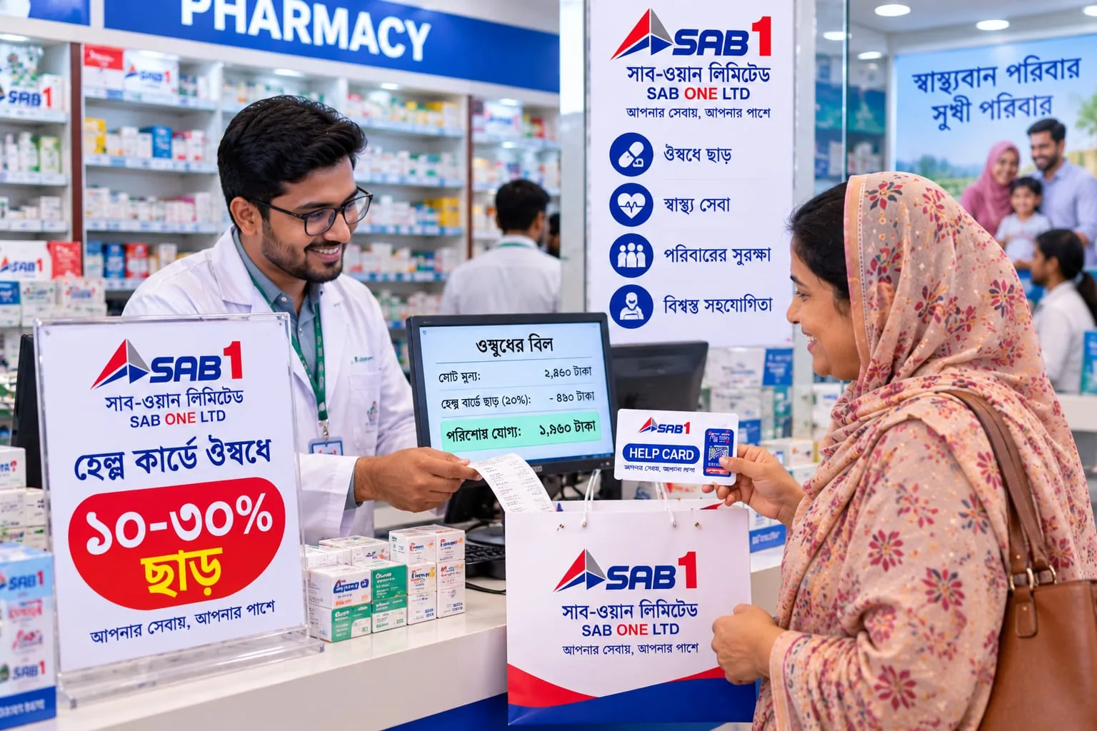A pharmacist applying the HELP CARD discount to a customer’s medicine bill.