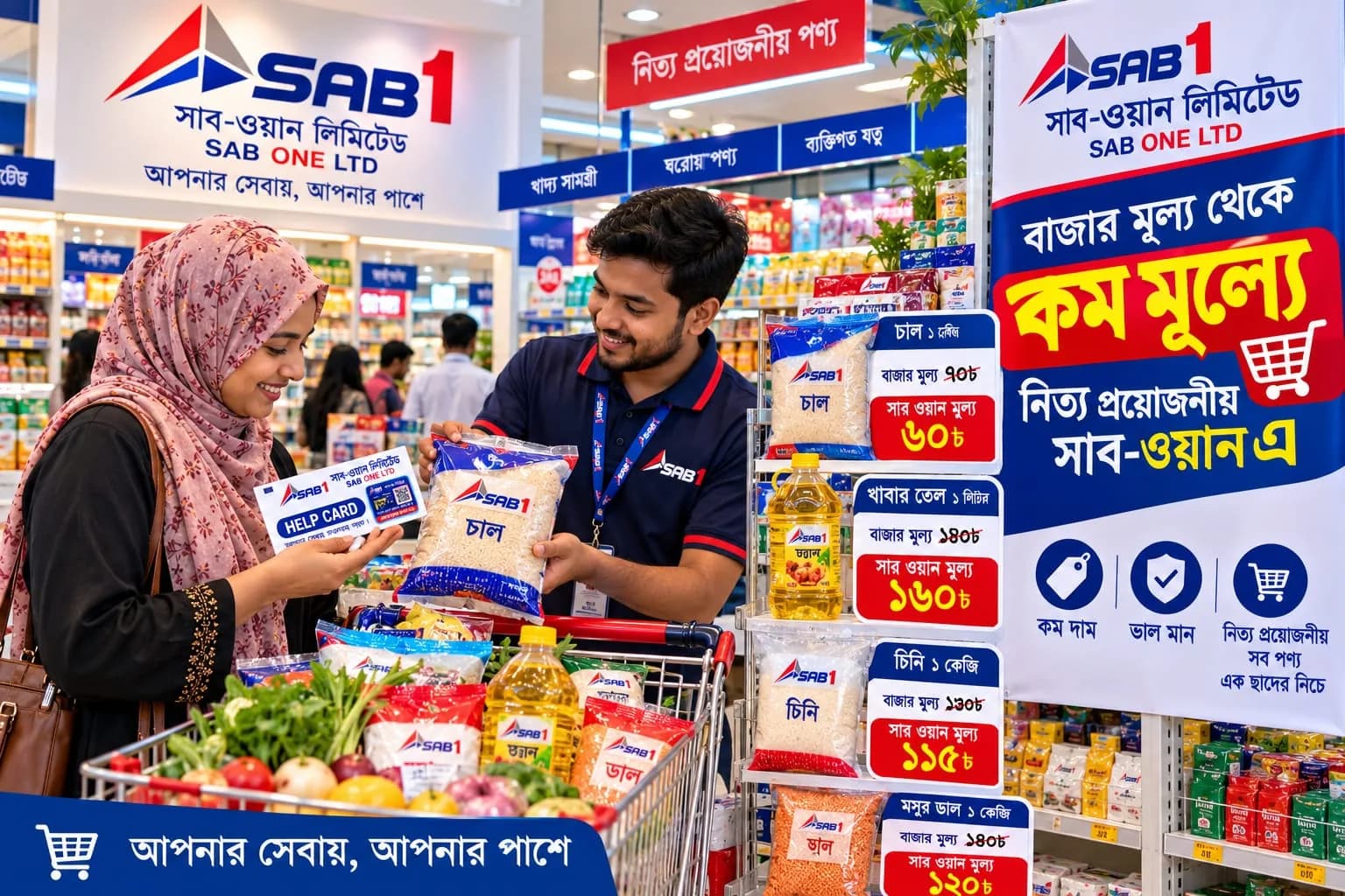 An officer showing a shopper the member price against the market price on daily goods.