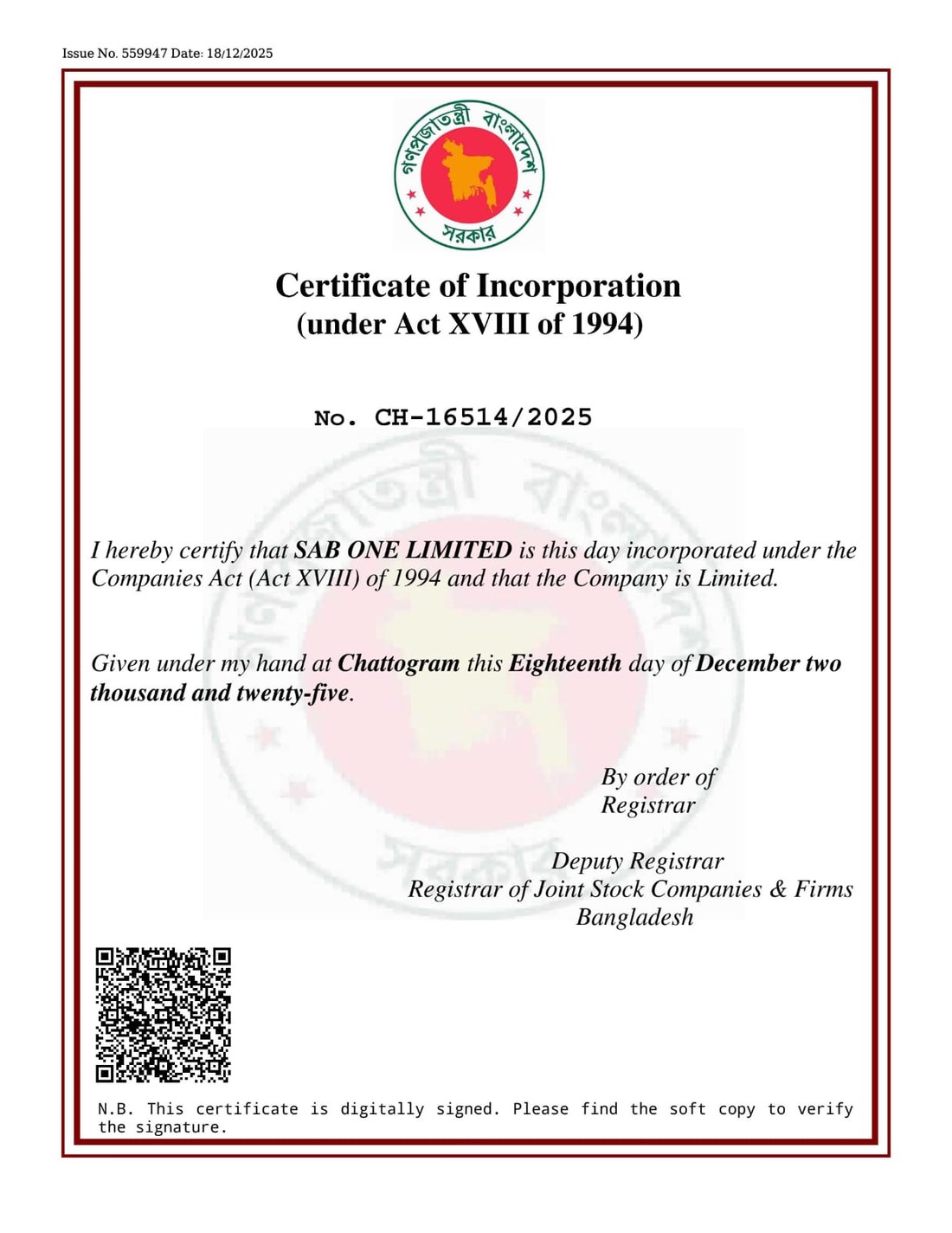 SAB ONE LIMITED Certificate of Incorporation – RJSC No. CH-16514/2025